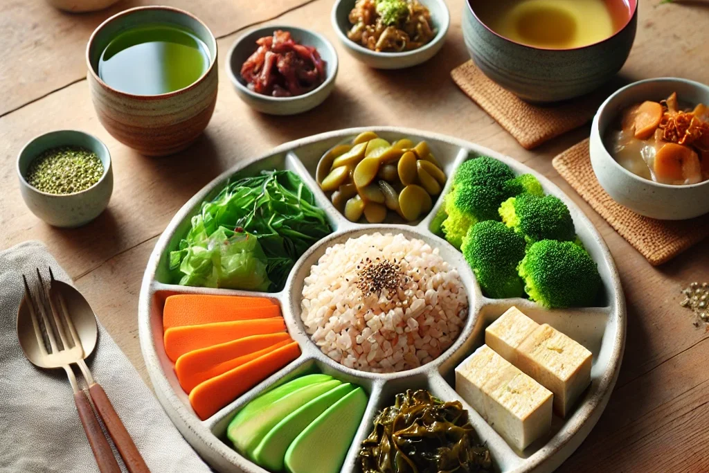 A beautifully arranged macrobiotic meal on a wooden table